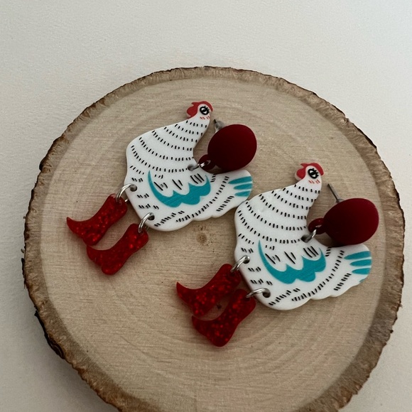 1970's Inspired Chicken in Boots Dangle Earrings - Colorful Retro Drop Earrings - Picture 12 of 14